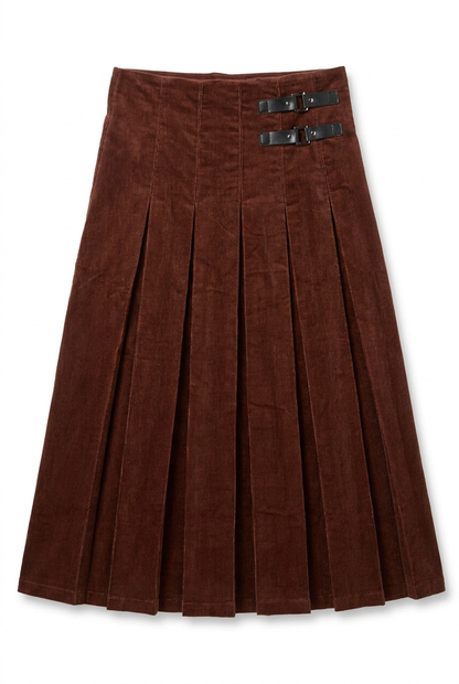 MIDI LENGTH CORDUROY PLEATED SKIRT WITH LEATHER STRAPS