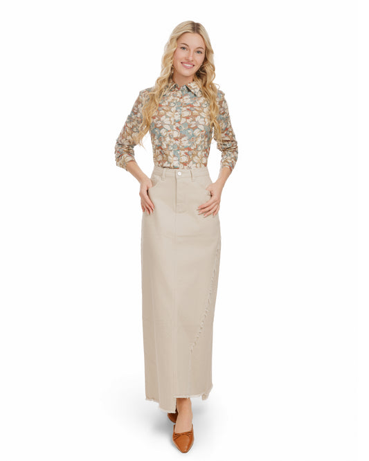 SIDE FRAYED DENIM SKIRT