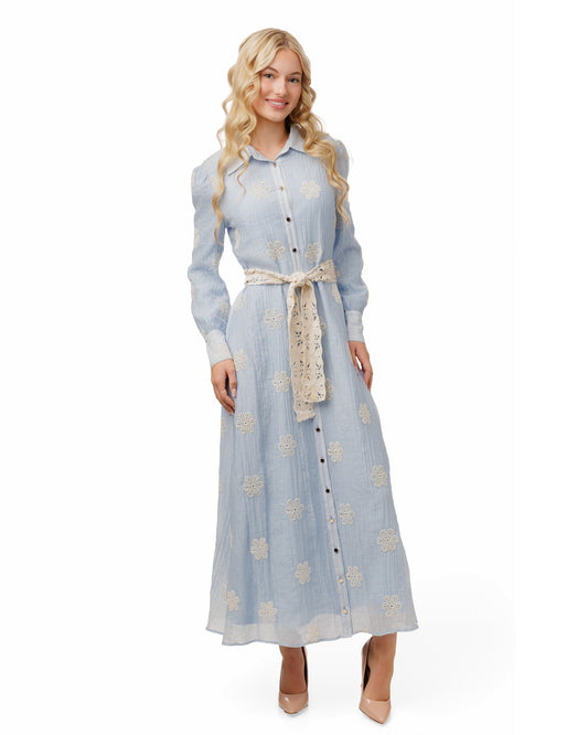 BLUE DRESS WITH FLOWER EYLET AND CROCHET BELT