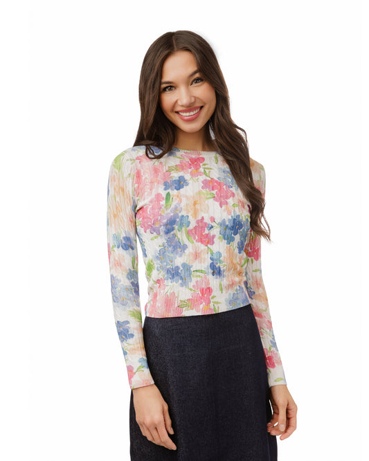 PASTEL FLORAL PRINTED CABLE KNIT TOP