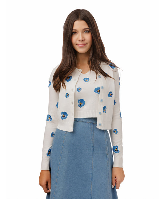 WHITE KNIT TWINSET WITH BLUE EMBROIDERY