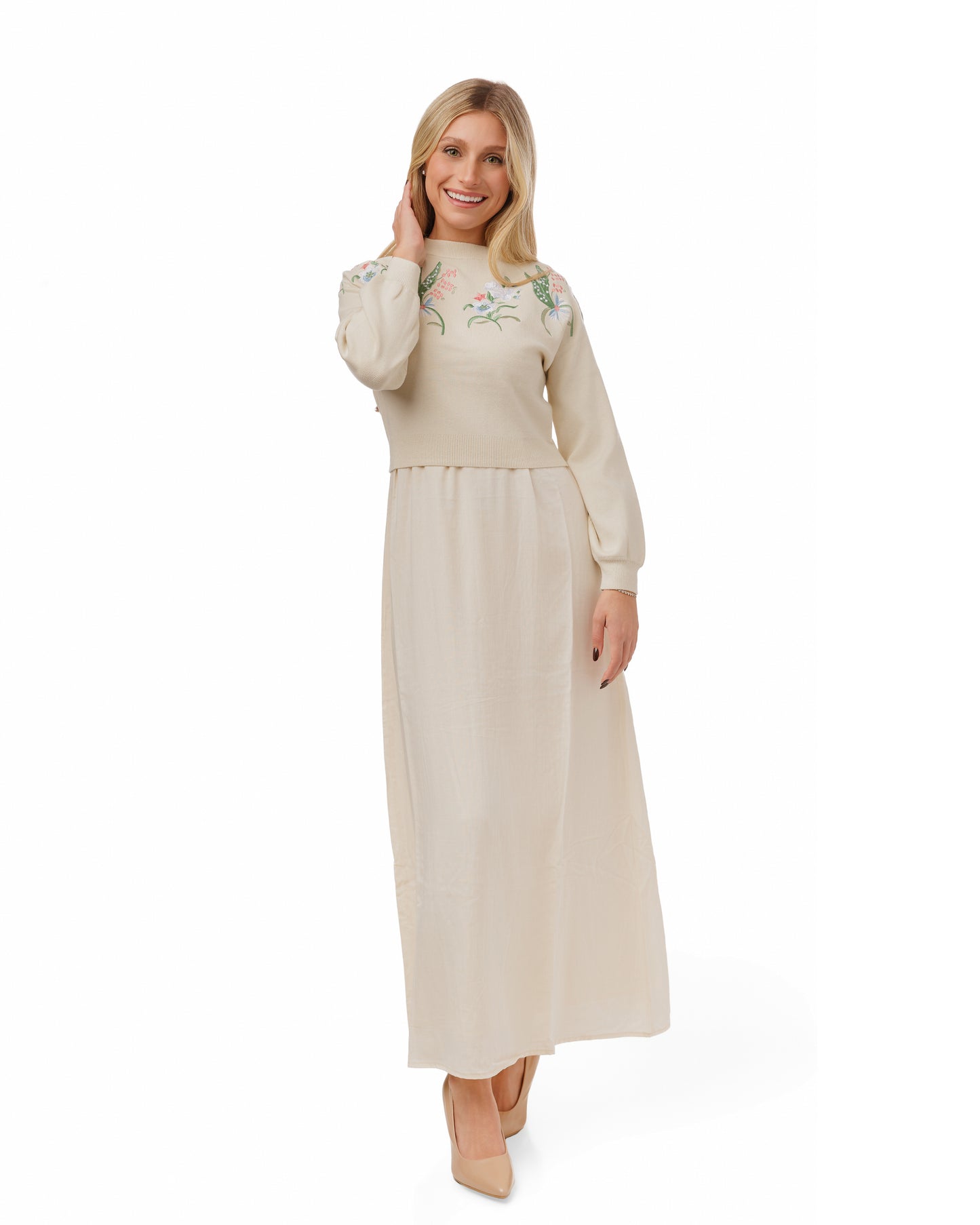 IVORY OVERLAY DRESS WITH EMBROIDERY