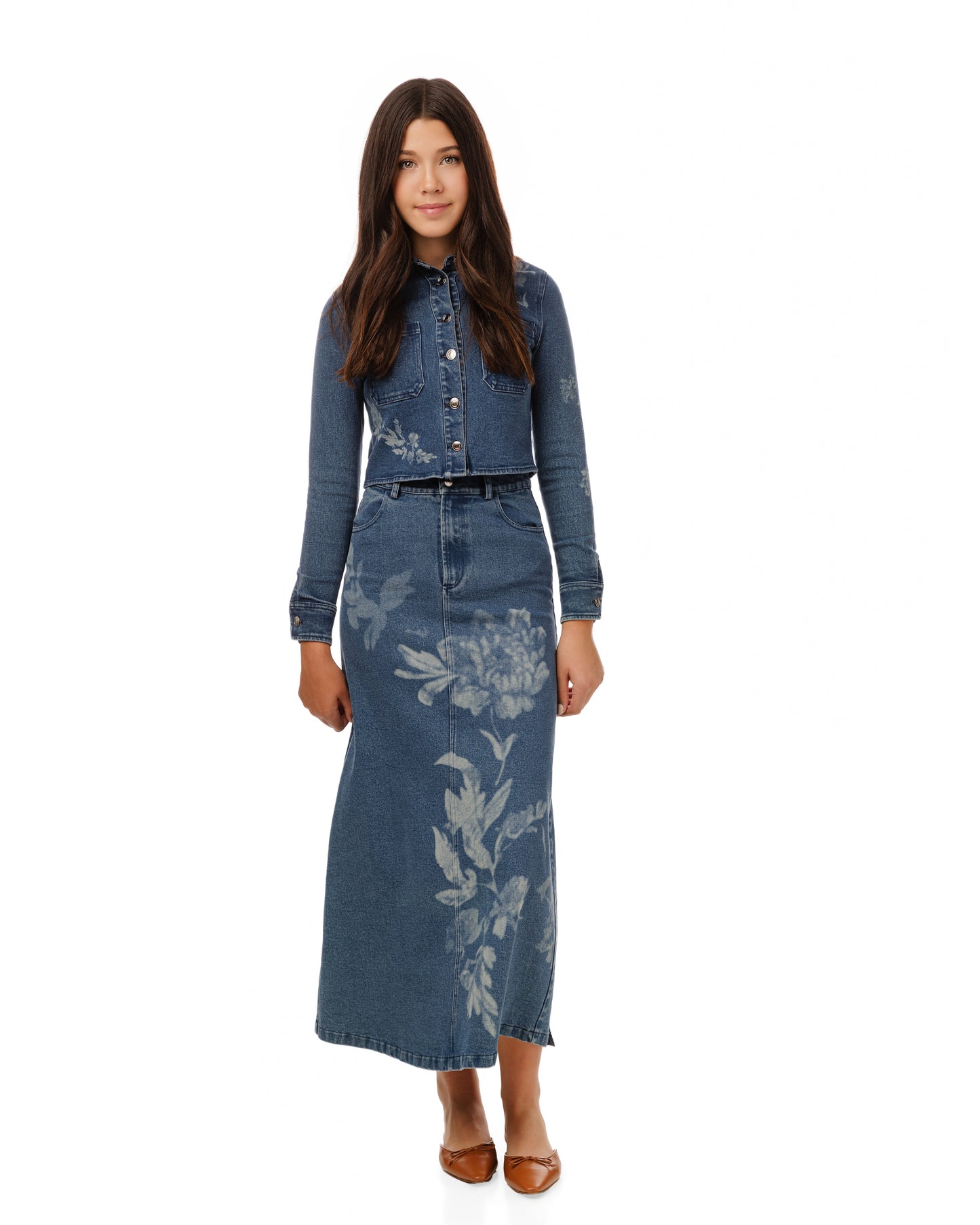 ACID WASHED FLOWER PRINTED DENIM SKIRT