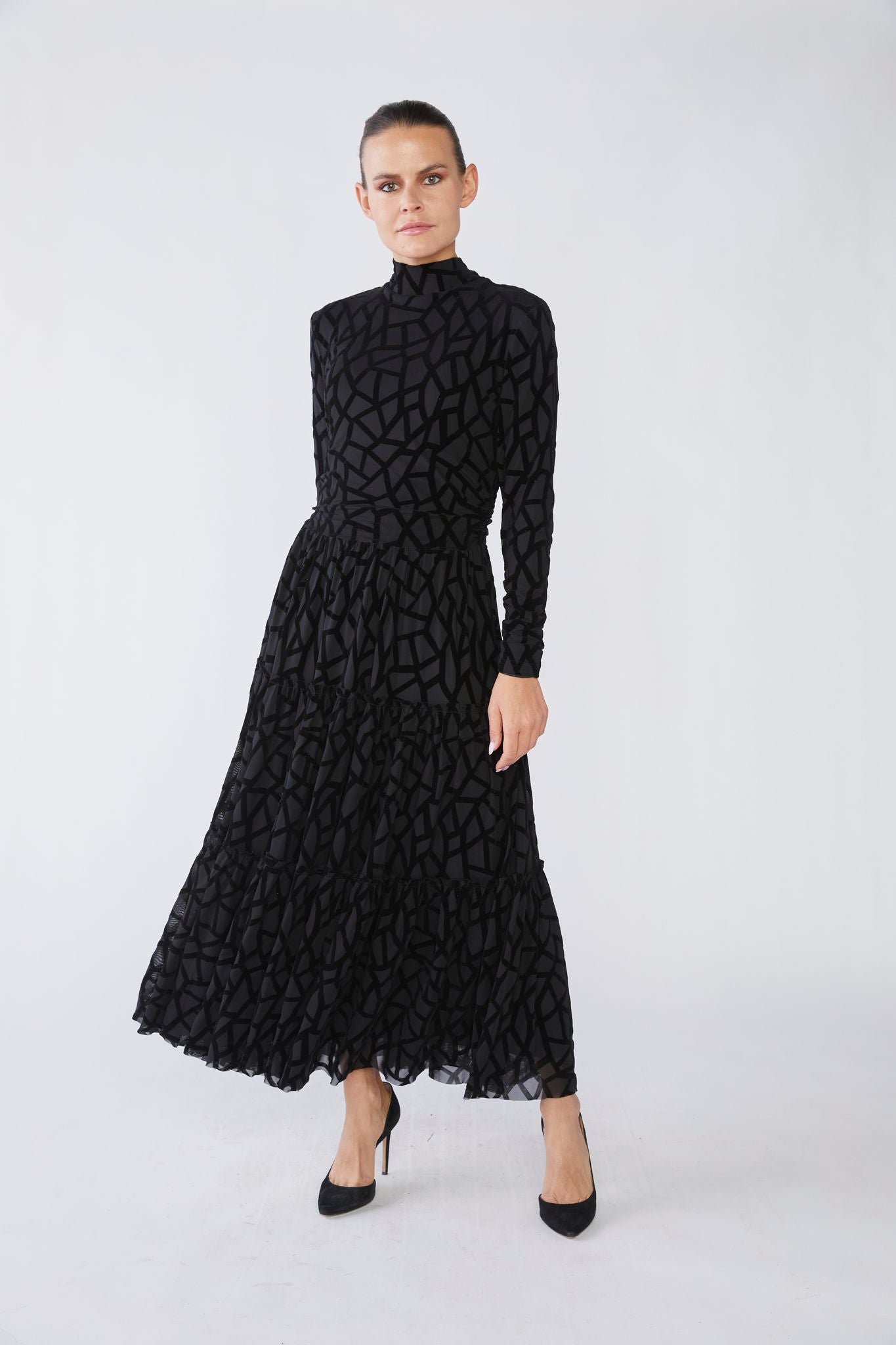Black Mesh Velvet Geometric Dress