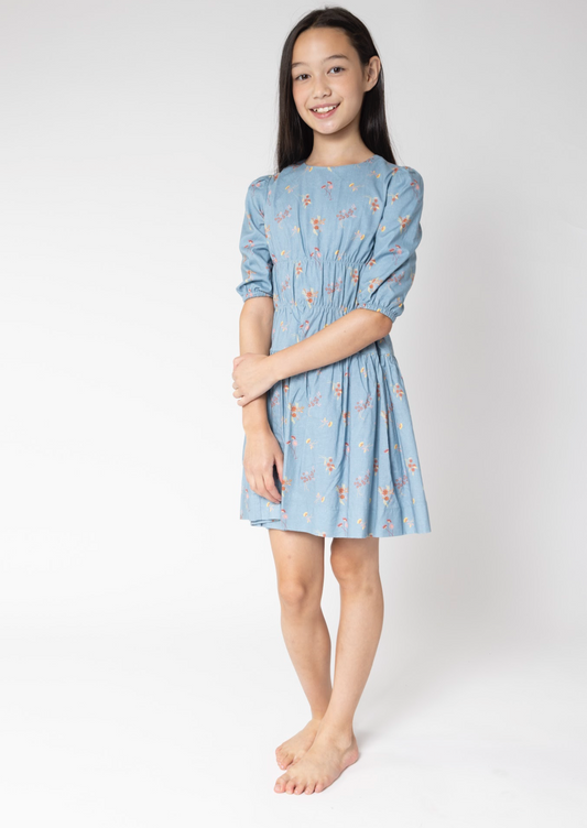 BLUE LINEN FLORAL PRINT DRESS