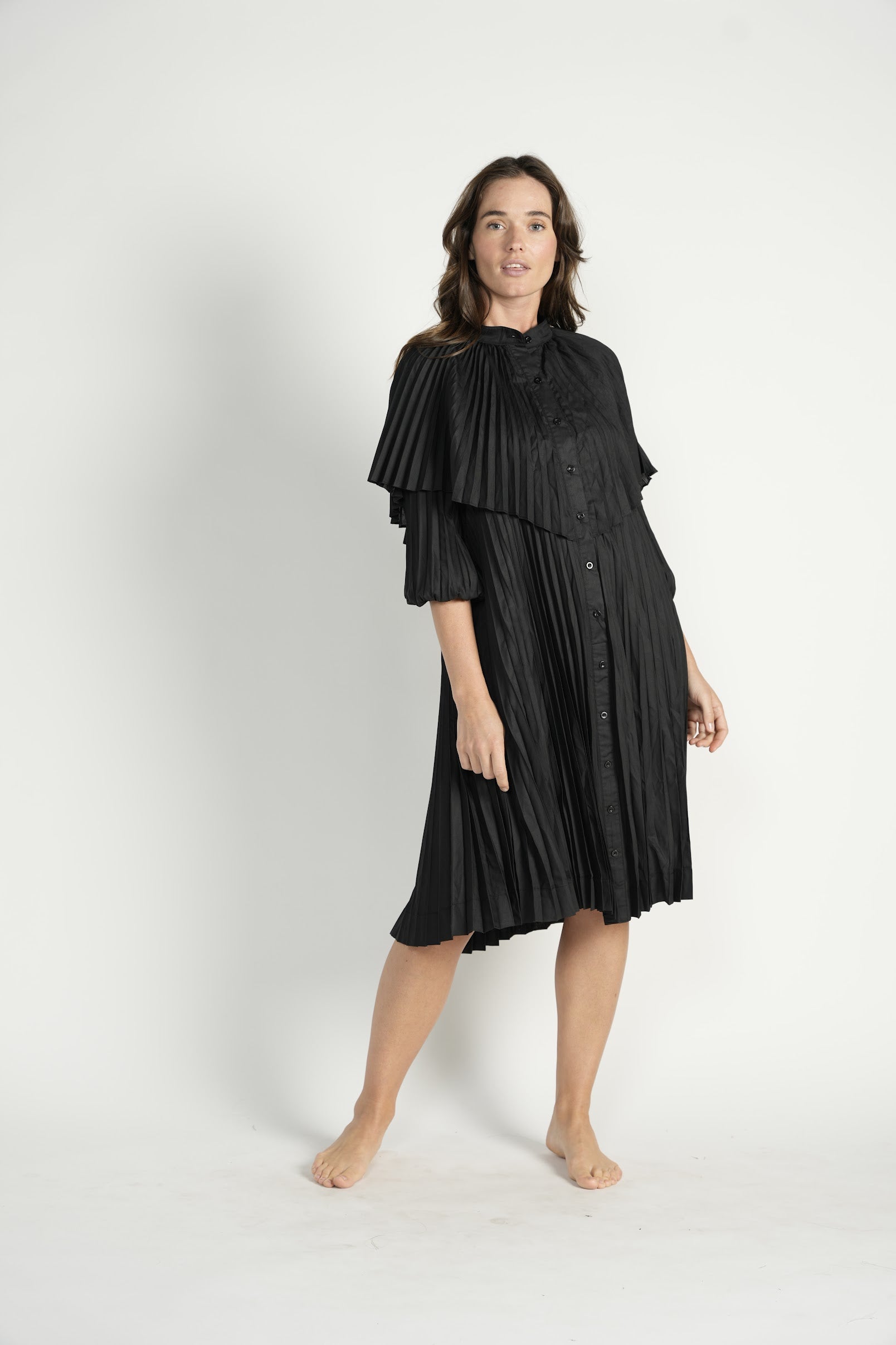 Black Pleated Dress with Cape