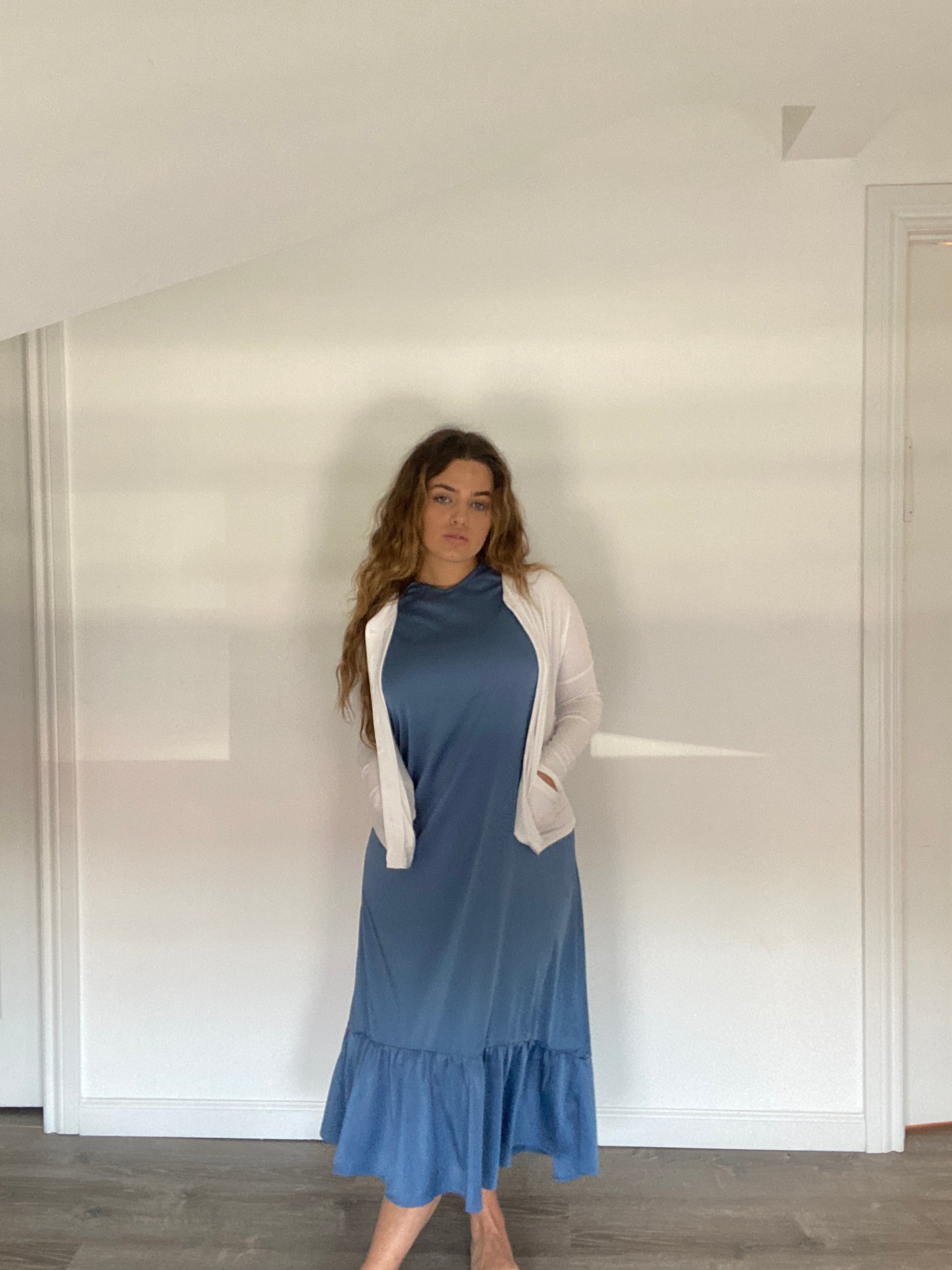 satin dress with jumper SATIN DRESS X LINEN JUMPER in metallic sage