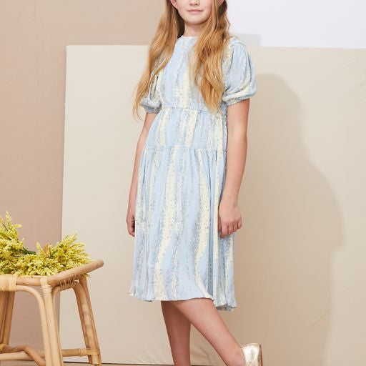 Pastel Blue and Yellow Pleated Fabric Dress