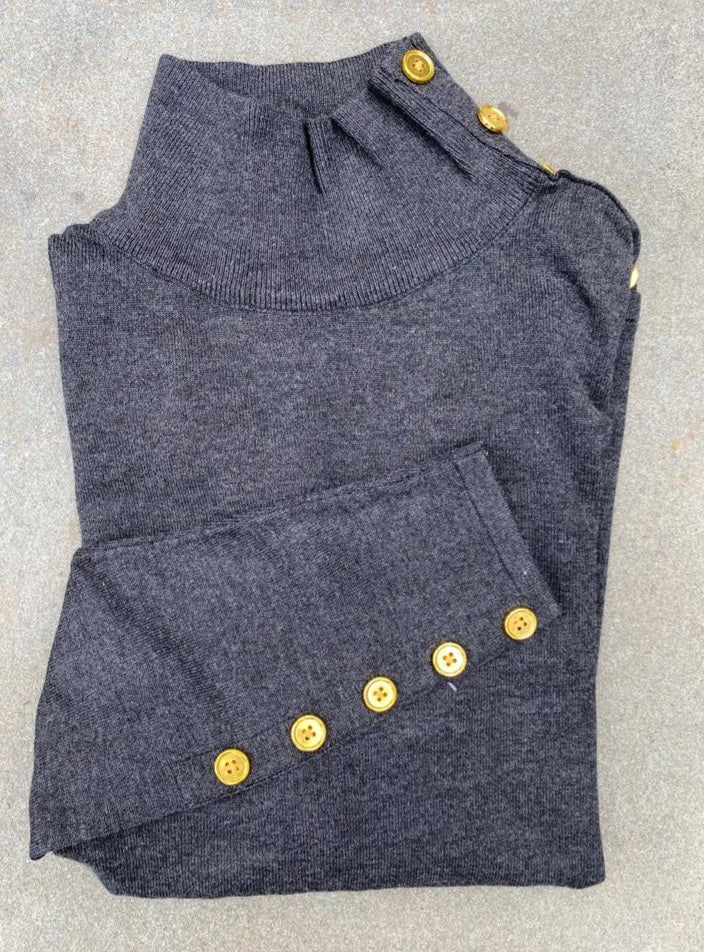 Basic  Knit Mock Neck with Gold Button Decal