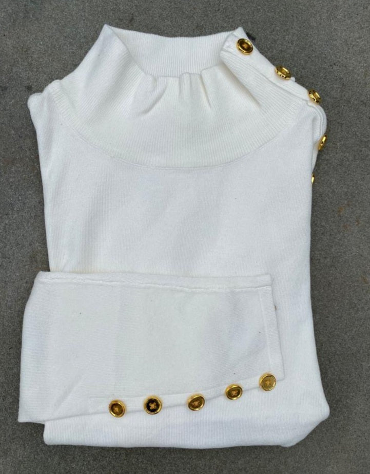 Basic  Knit Mock Neck with Gold Button Decal