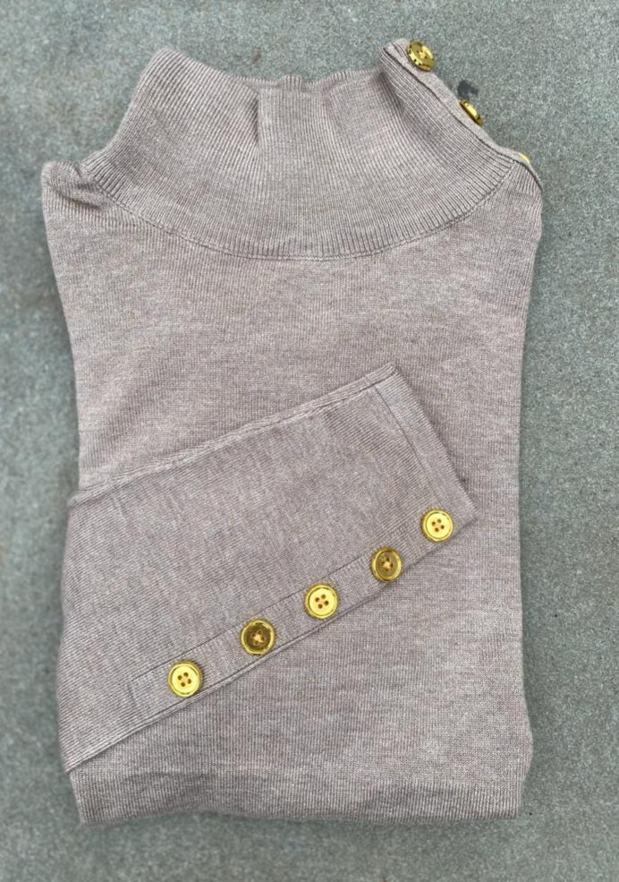 Basic  Knit Mock Neck with Gold Button Decal