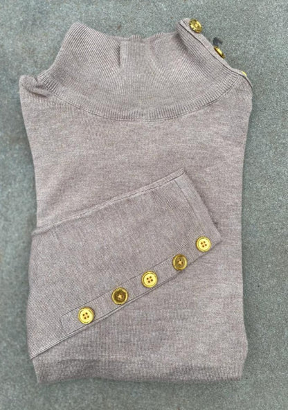 Basic  Knit Mock Neck with Gold Button Decal