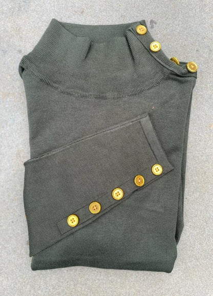 Basic  Knit Mock Neck with Gold Button Decal