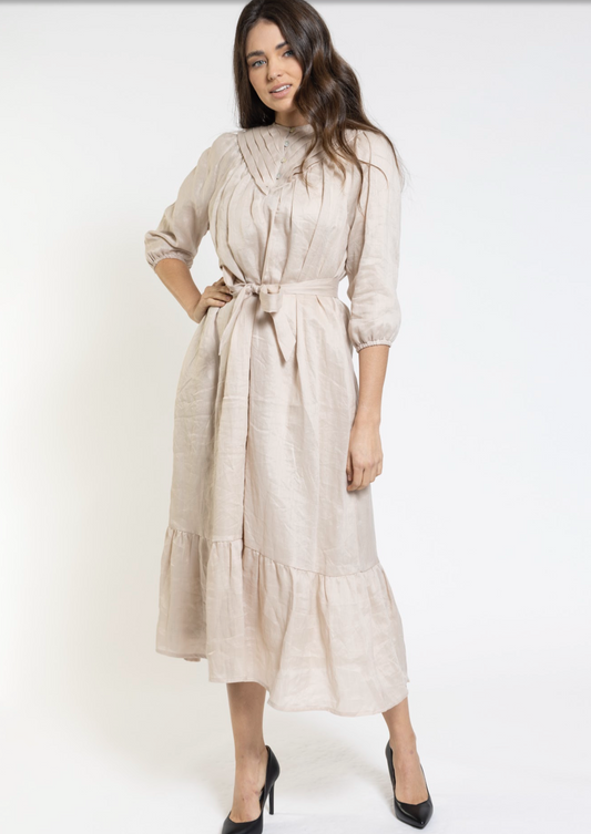 BEIGE FRONT PLEATED DRESS