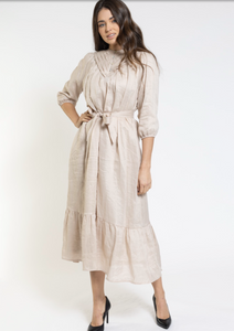 BEIGE FRONT PLEATED DRESS