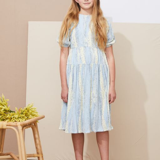 Pastel Blue and Yellow Pleated Fabric Dress