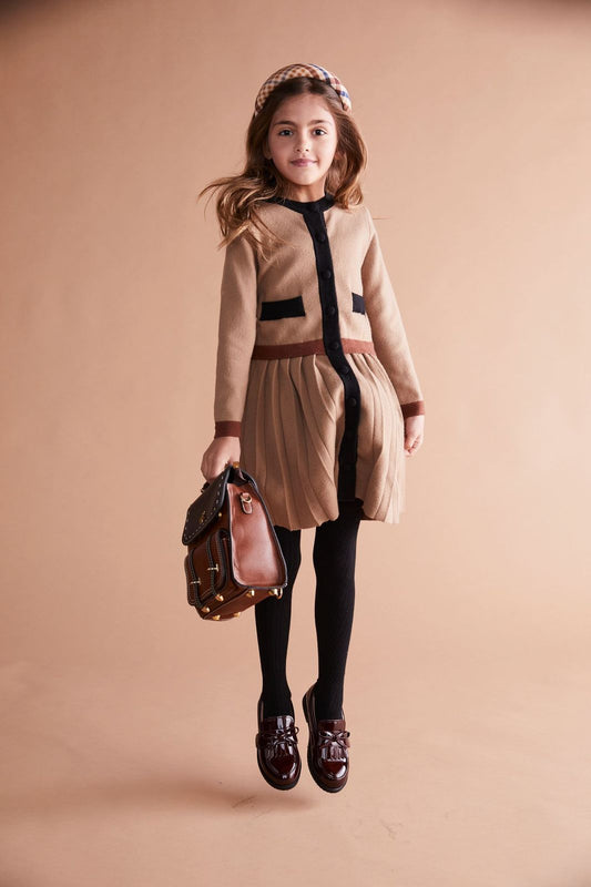 Beige With Brown And Black Waist And Wrist Knit Dress