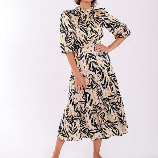 Leaf Print Silky Shirtdress