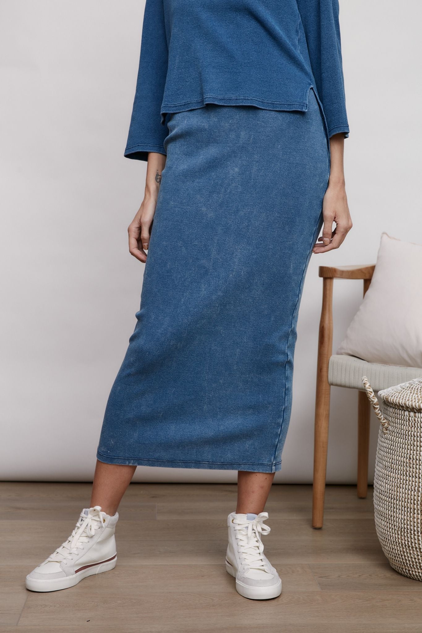 Midi Length Ribbed Denim Skirt