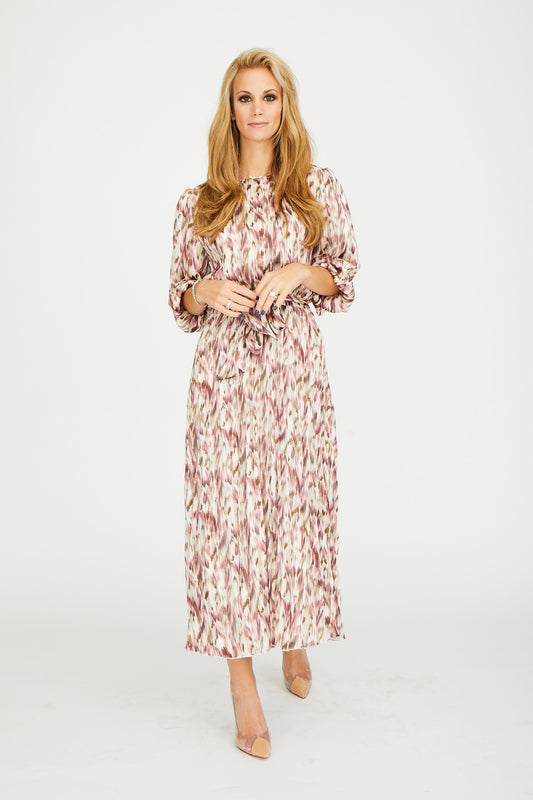 Tan with Mauve Brown Print Chiffon Dress