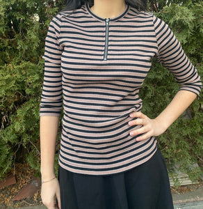 Striped Ribbed Tee with Zipper