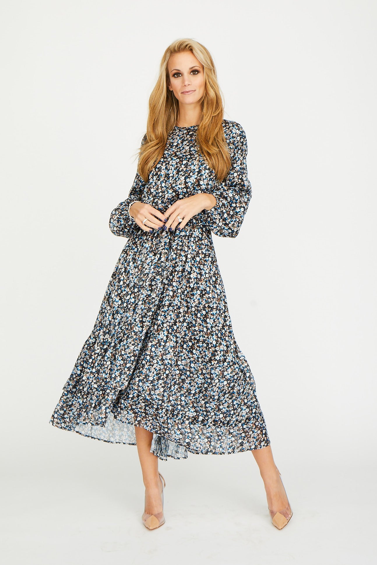 Black with Brown White Blue Floral Print Dress