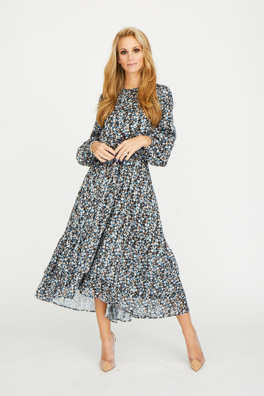 Black with Brown White Blue Floral Print Dress