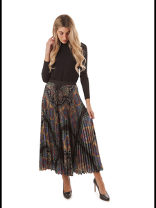 Black With Colorful Paisley Print Pleated Skirt