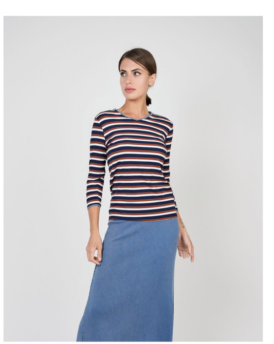 LADIES STRIPED CONTRAST V NECK TEE