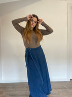 Load image into Gallery viewer, DENIM FAKE WRAP SKIRT
