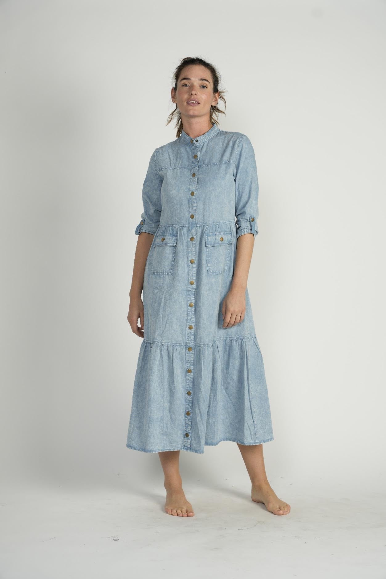 Light Denim Dress with Tiers and Snaps