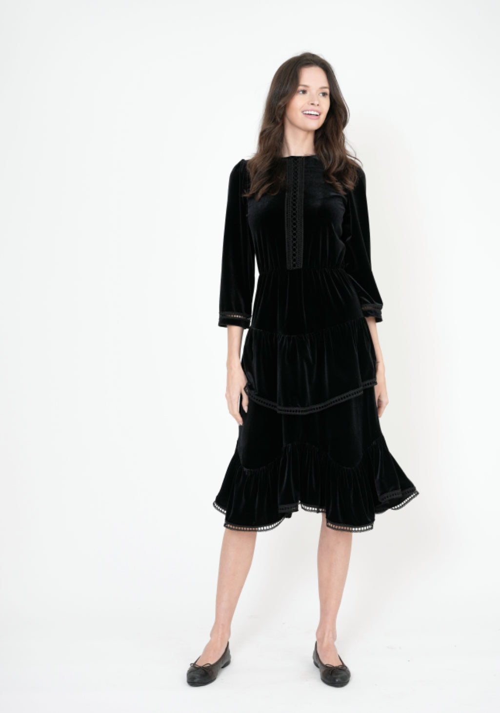 Velvet dressy waisted dress with lace trim Fallon's Velvet dressy waisted dress with lace trim Fallon's