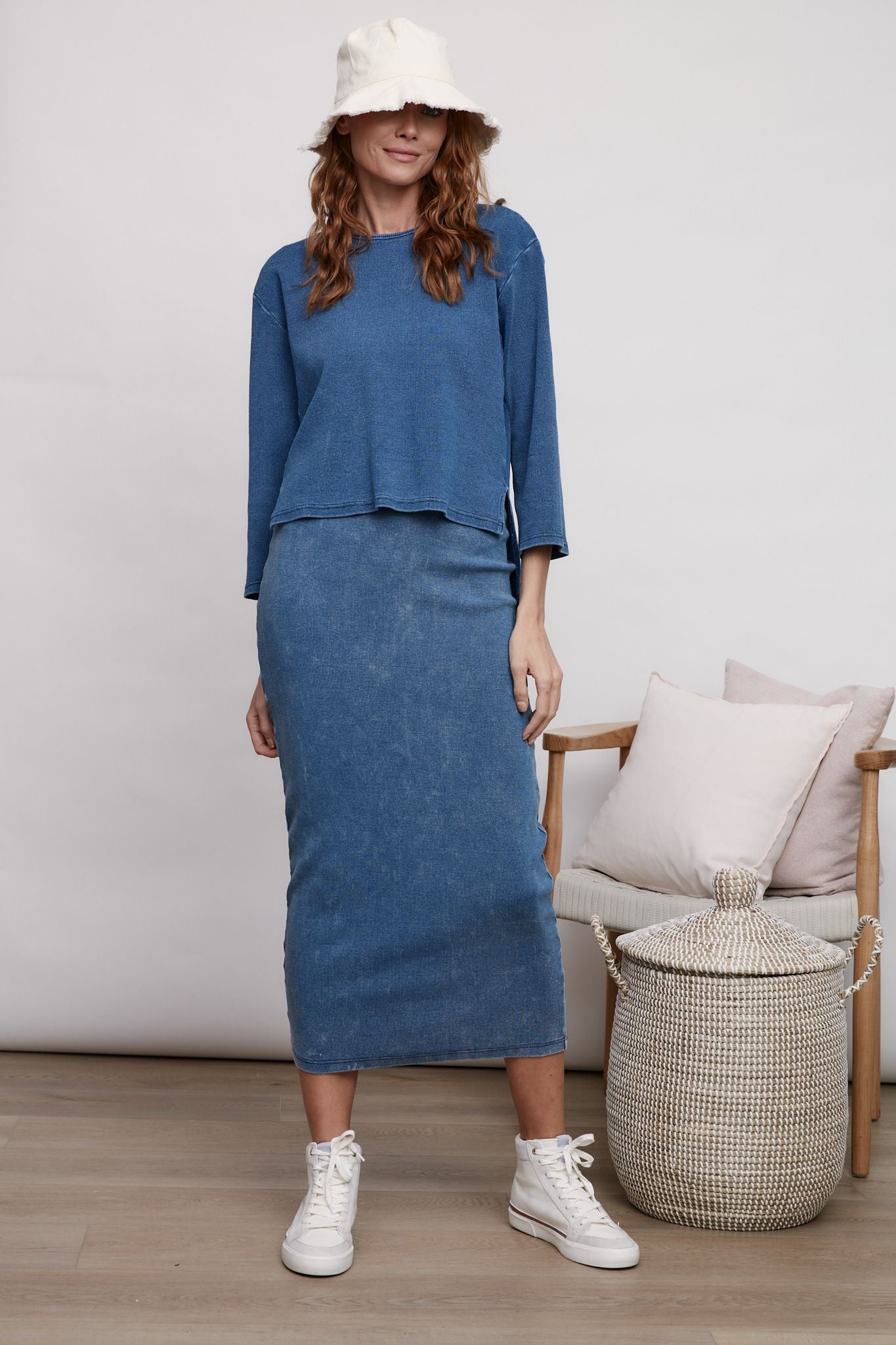 Midi Length Ribbed Denim Skirt