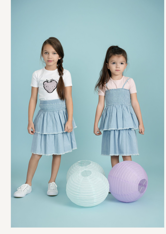 GIRLS TIERED PALE DENIM SKIRT