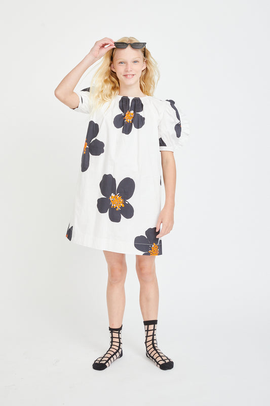 White With Large Black Flower Ruffled Shoulder Dress