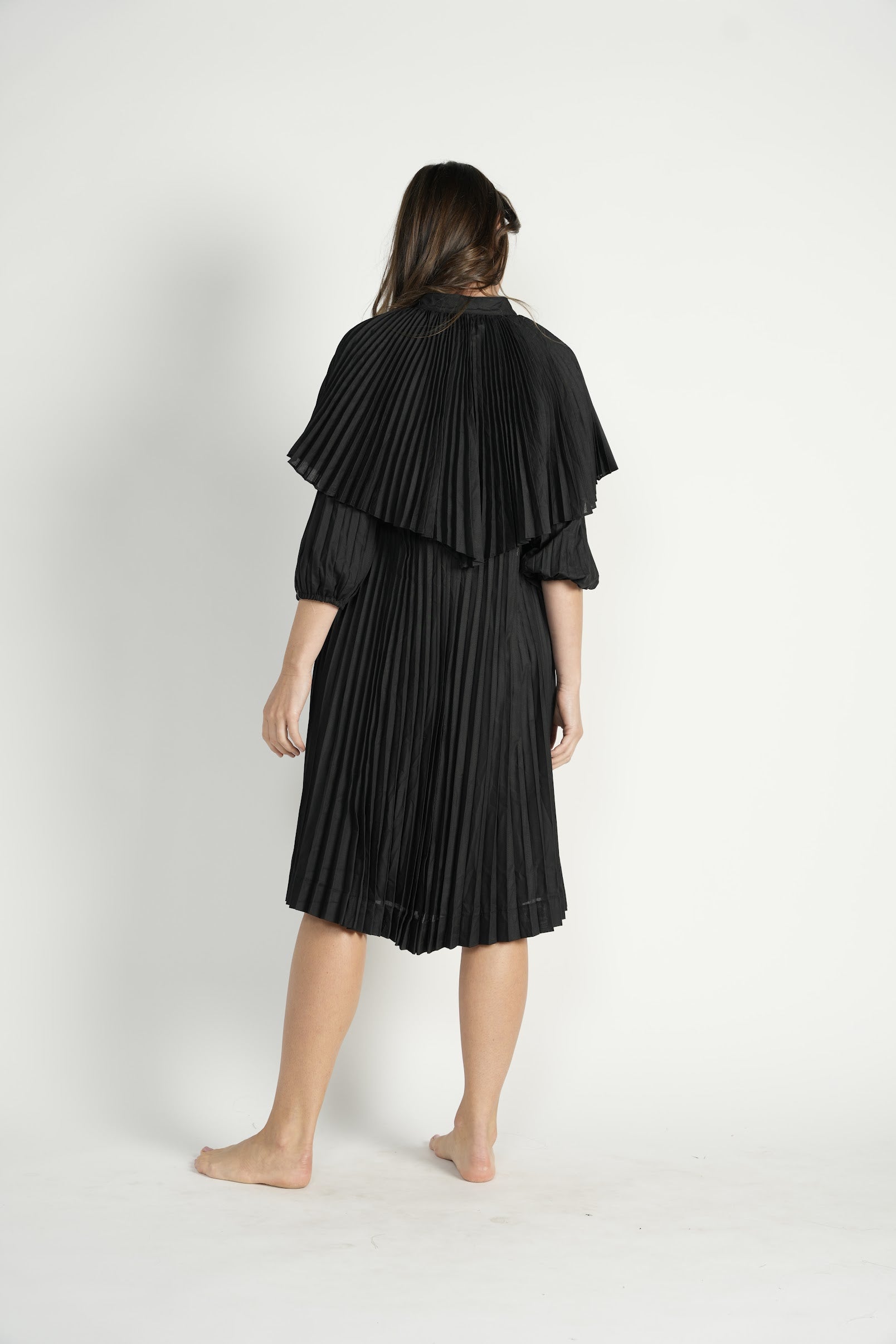 Black Pleated Dress with Cape
