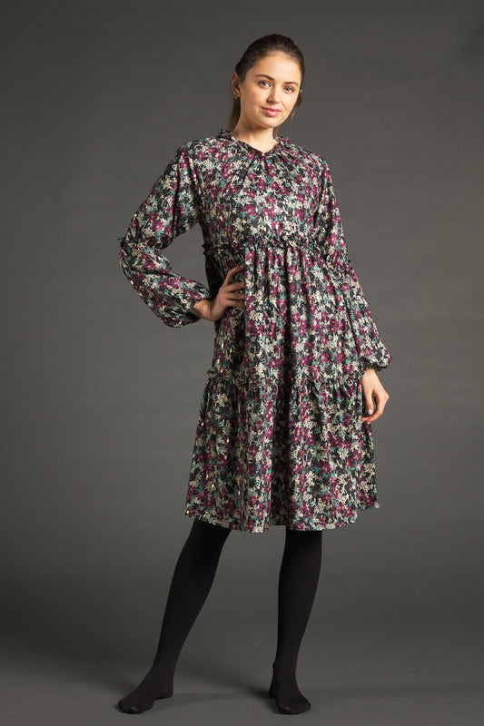 Green And Purple Floral Dress With Golden Speckles