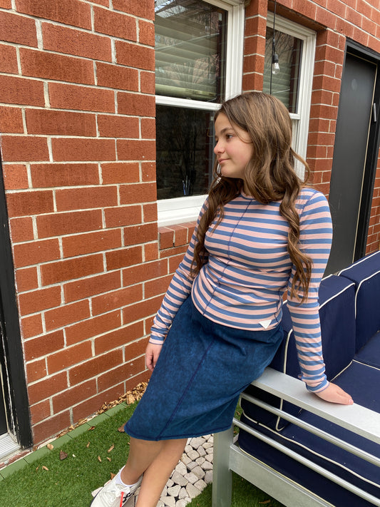 GIRLS DENIM AND PINK STRIPE TEE