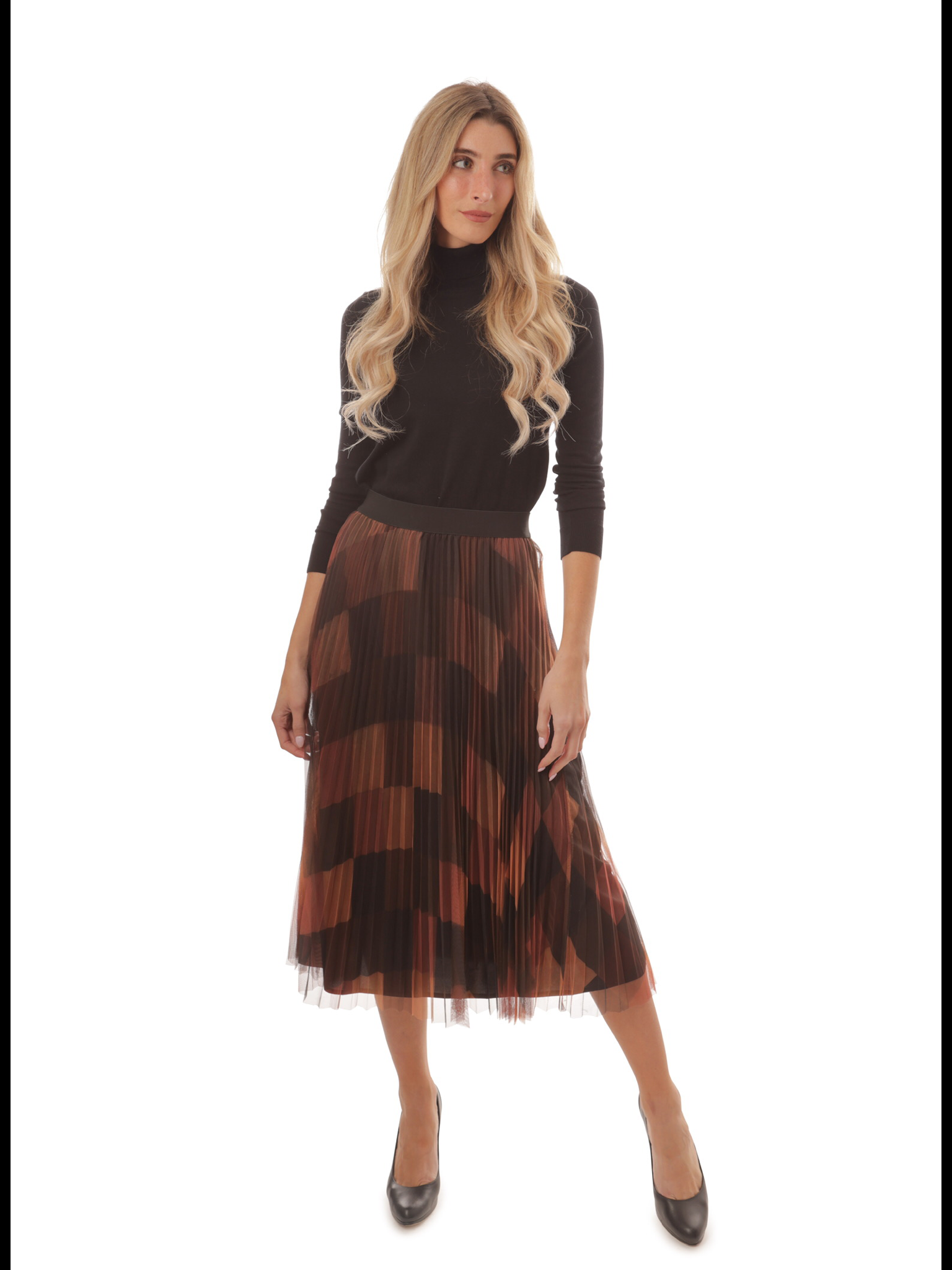 Brown Rust Black Pleated Tulle Skirt