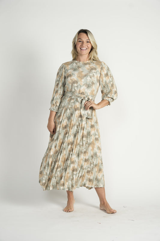 Sage Printed Pleated Dress