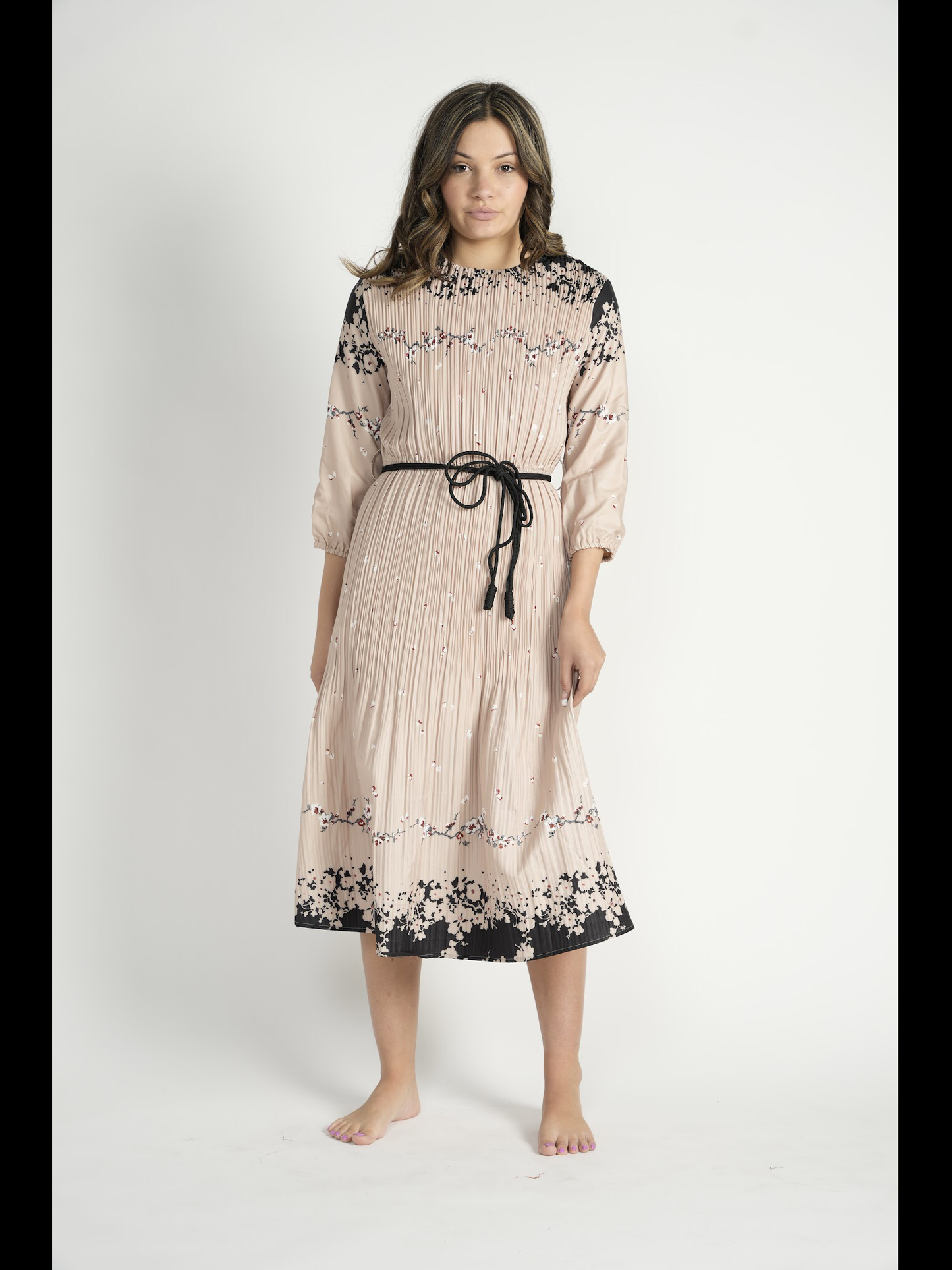 Beige Pleated Border Print Dress