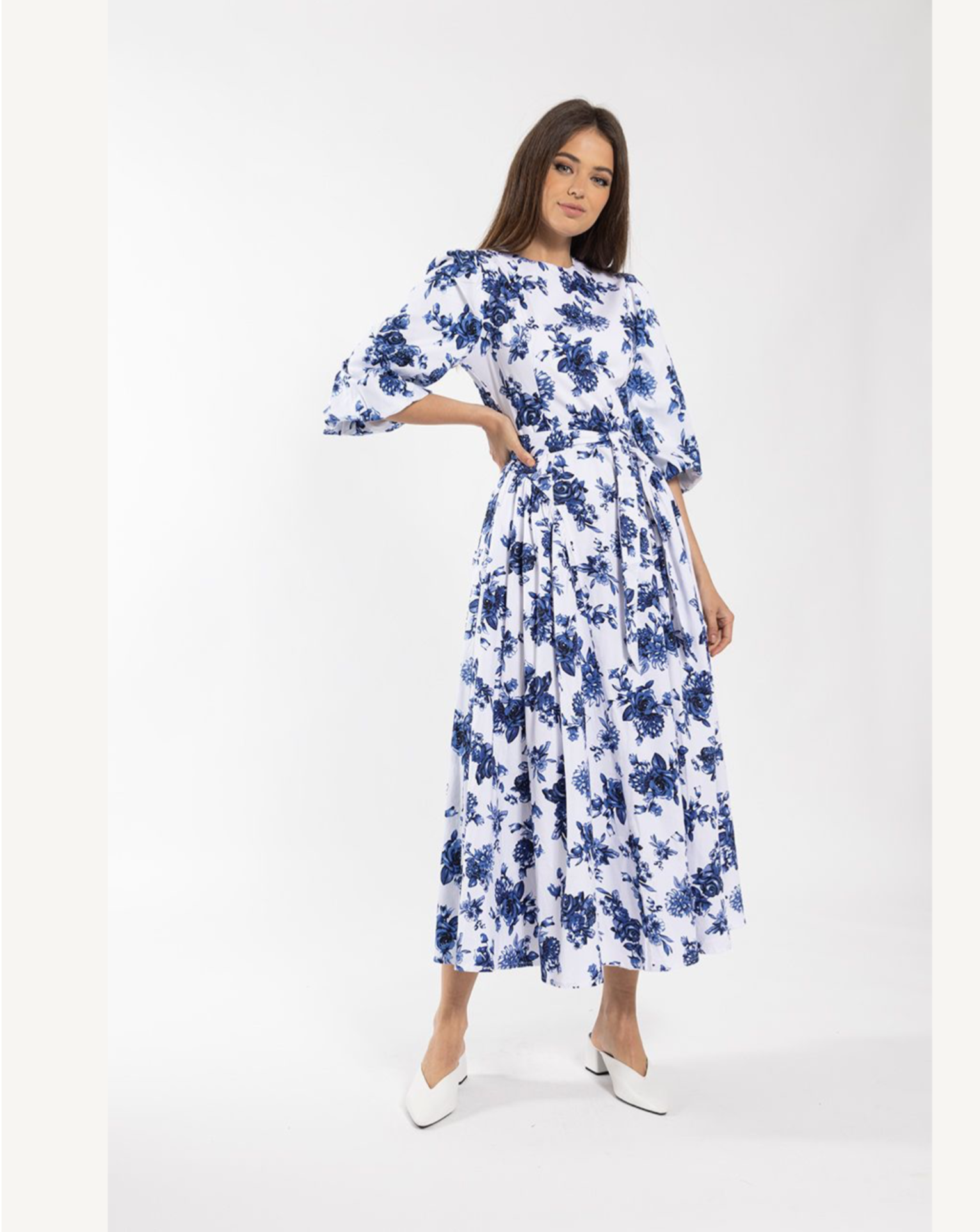 BOLD FLORAL WHITE and BLUE MIDI DRESS