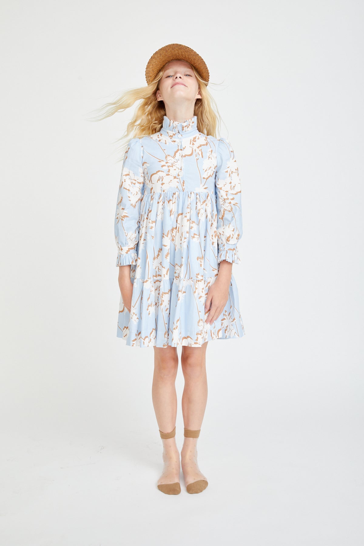 Light Blue With White Brown Flower Design Collar Dress