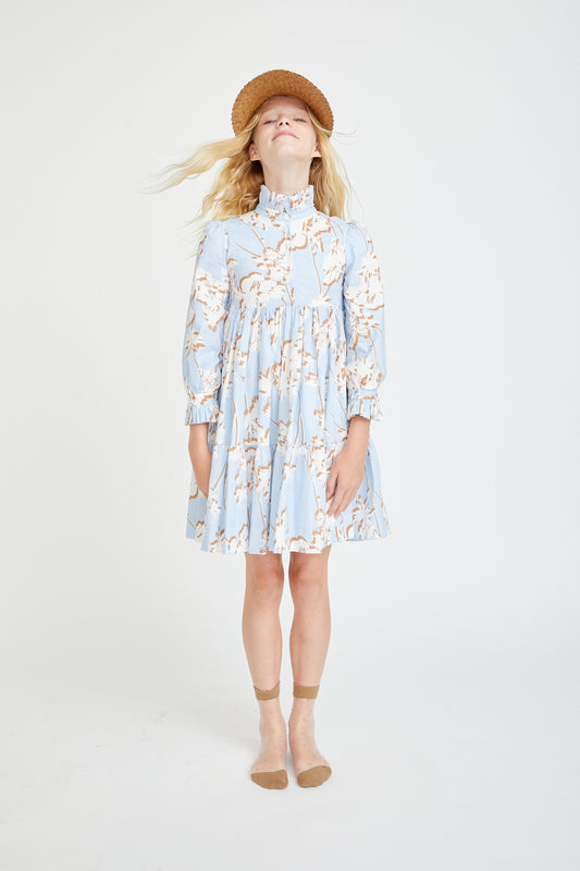 Light Blue With White Brown Flower Design Collar Dress