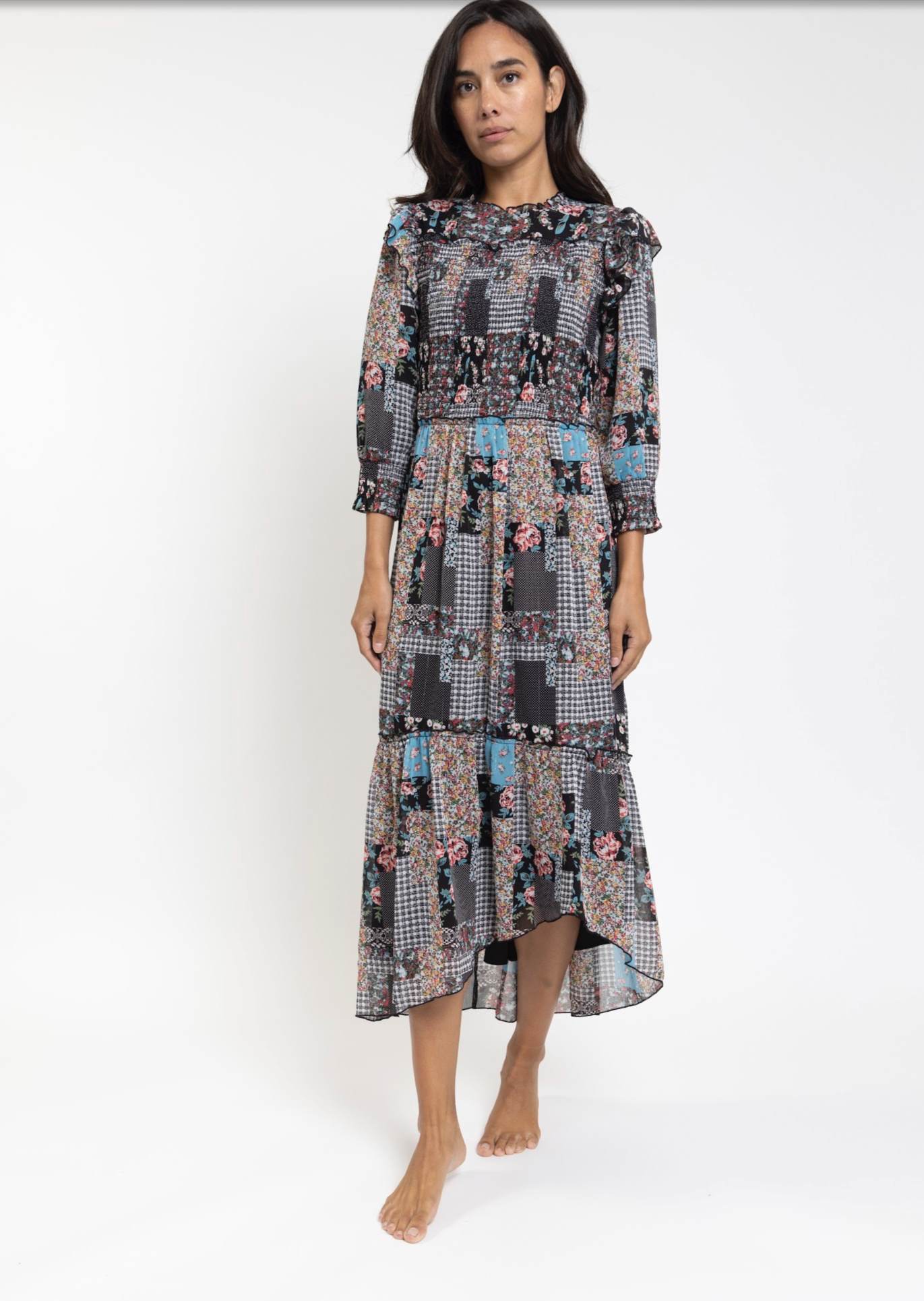 MIXED PRINT SMOCKING DRESS